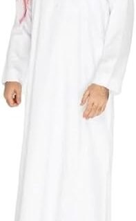 ثوب رجالي تقليدي على الطراز السعودي من رحمة، كاندورا، جوبا، مخيط يدويا من قماش فاخر، ياقة بشريط صلب مع فتحة امامية مفتوحة، جيبين جانبيين، 1 جيب امامي