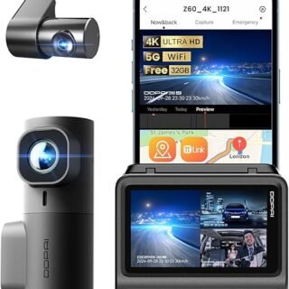 دي دي بي ايه اي كاميرا تابلوه 3 قنوات للسيارات، 4K+2K+1080P، حتى 15MB/s 5GHz واي فاي 6 مع نظام تحديد المواقع اي ام ام سي 32G، رؤية ليلية ايه او في...