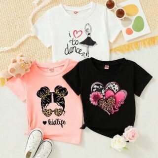 3 Pièces T-shirt Pour Pré-adolescentes Avec Imprimé Léopard Et Cœur