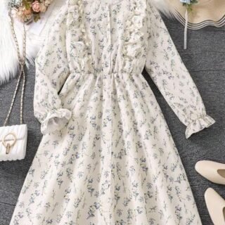 SHEIN Robe à manches longues avec imprimé floral doux pour jeune fille