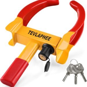 Tevlaphee Antivol Voiture Sabot Roue, Bloque Roue,Griffe de Pneu,Antivol de Voiture Bloque,Roue Sécurité Antidémarrage, Universelle, Réglable, Remorque Caravane, Serrure Anti-perçage(Rouge & Jaune)