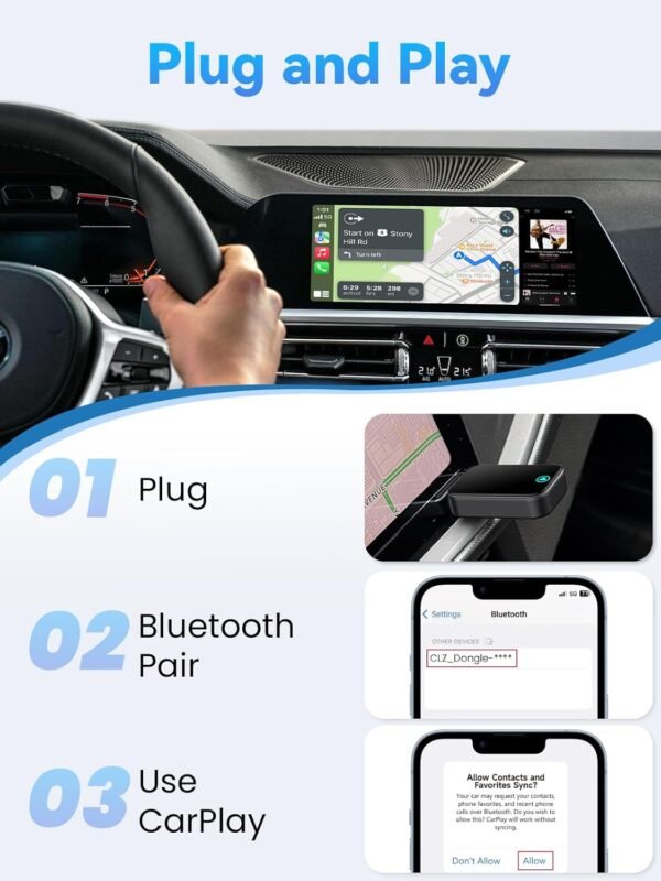 Alltotive S2 Mini Adaptateur CarPlay sans Fil pour iPhone, Convertissez Le Filaire en sans Fil, Plug & Play avec Typ-C/USB, Compatible avec Les Voitures à partir de 2016 et iOS 10+ (Noir) – Image 3