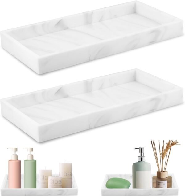 NVIYAM 2PCS Plateau Salle de Bain, Plateau Marbre Blanc, Plateau Décoratif Rectangulaire en Résine, Plateau Serviette Salle de Bain, Plateau de Toilette pour Tissus Savon Serviette Plante