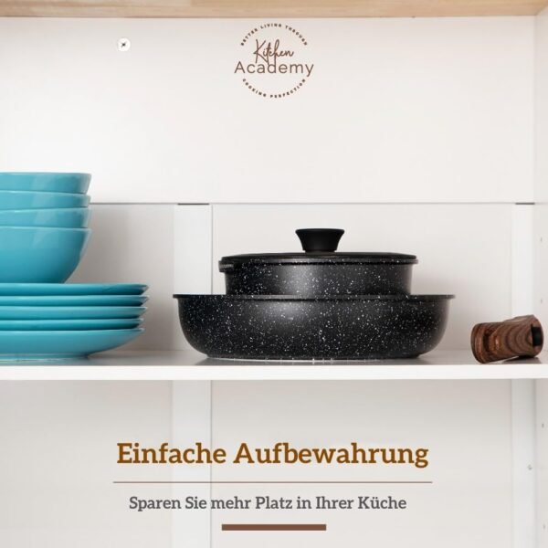 Kitchen Academy Lot de 10 Casseroles et Poêles, Poignée Amovibl, Couvercles en Verre et Revêtement en Marbre et Revêtement Anti-adhésif Compatible Induction Poignée Lisse et Veinée Noir – Image 7