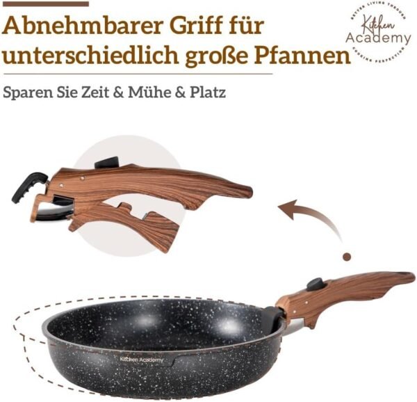 Kitchen Academy Lot de 10 Casseroles et Poêles, Poignée Amovibl, Couvercles en Verre et Revêtement en Marbre et Revêtement Anti-adhésif Compatible Induction Poignée Lisse et Veinée Noir – Image 2