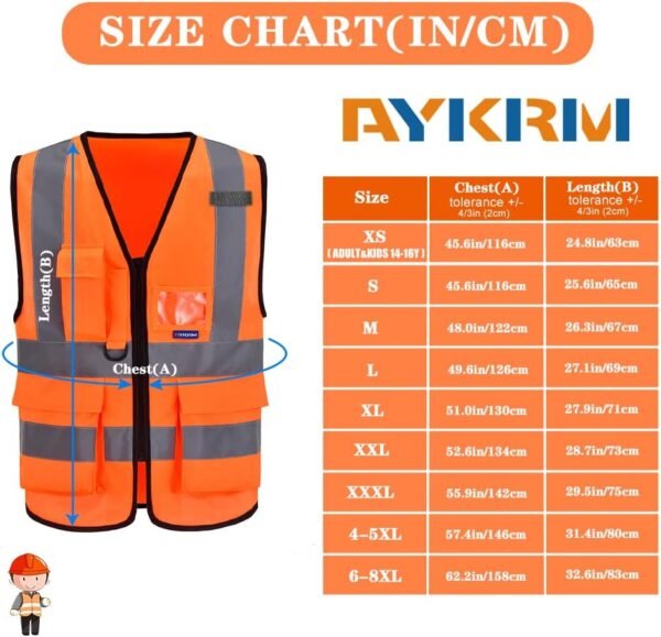 AYKRM Gilet haute visibilité Orange grande taille 6XL 7XL 8XL Gilet de sécurité homme Orange 6XL 7XL 8XL avec poche Devant avec des Bandes réfléchissantes Unisexe – Image 2