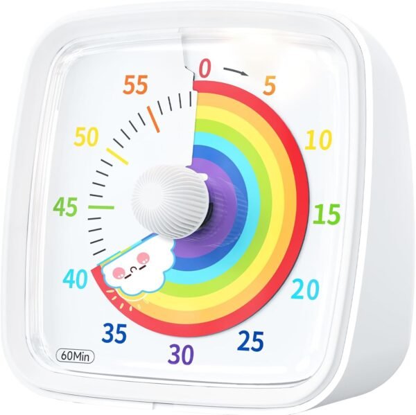 Yunbaoit Minuteur Visuel pour Enfants et Adultes‌, Minuteur à Décompte de 60 Minutes avec Fonction Flash Silencieuse, Motif Arc-en-Ciel, Timer Enfant pour Salle de Classe, Maison, Cuisine (Blanc)