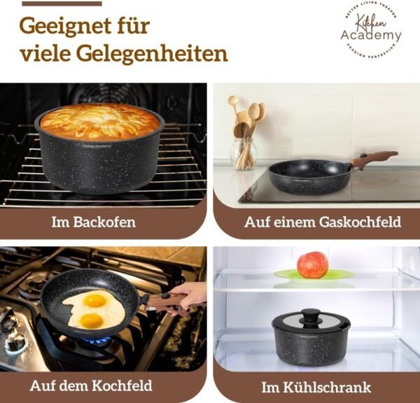 Kitchen Academy Lot de 10 Casseroles et Poêles, Poignée Amovibl, Couvercles en Verre et Revêtement en Marbre et Revêtement Anti-adhésif Compatible Induction Poignée Lisse et Veinée Noir – Image 4