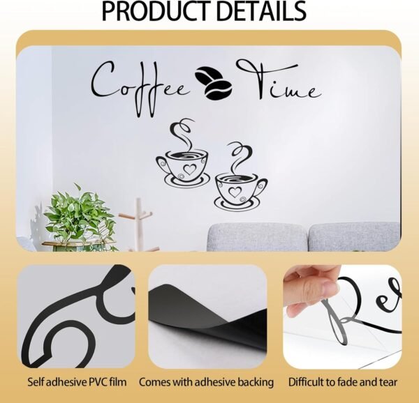 HANIUTTY Cuisine décor Autocollants Stickers, café Temps Tasses et Haricots peler et Coller Papier Peint, Tasse à Café Design Autocollants Mur Maison Stickers Cuisine Restaurant Décor – Image 3