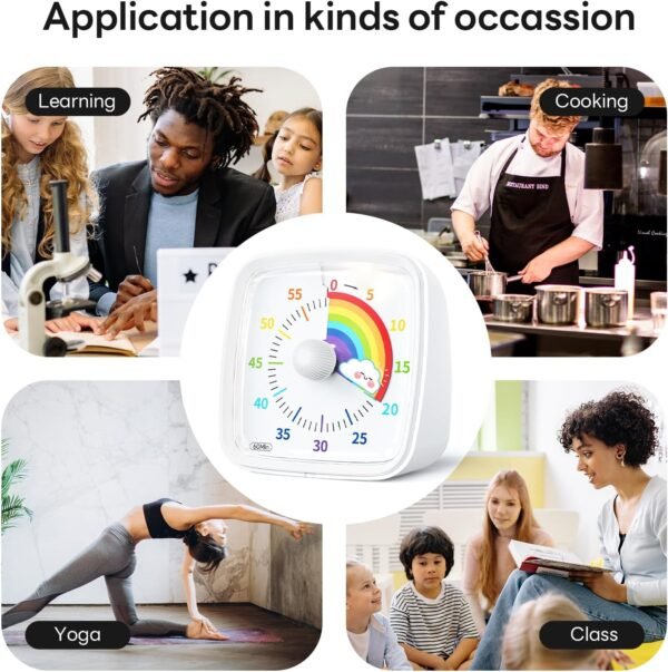 Yunbaoit Minuteur Visuel pour Enfants et Adultes‌, Minuteur à Décompte de 60 Minutes avec Fonction Flash Silencieuse, Motif Arc-en-Ciel, Timer Enfant pour Salle de Classe, Maison, Cuisine (Blanc) – Image 7