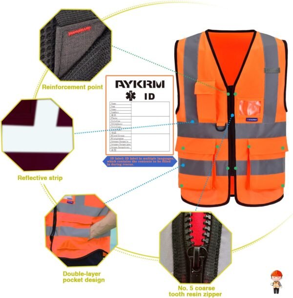 AYKRM Gilet haute visibilité Orange grande taille 6XL 7XL 8XL Gilet de sécurité homme Orange 6XL 7XL 8XL avec poche Devant avec des Bandes réfléchissantes Unisexe – Image 4