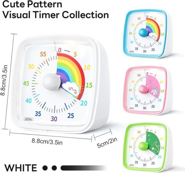 Yunbaoit Minuteur Visuel pour Enfants et Adultes‌, Minuteur à Décompte de 60 Minutes avec Fonction Flash Silencieuse, Motif Arc-en-Ciel, Timer Enfant pour Salle de Classe, Maison, Cuisine (Blanc) – Image 6