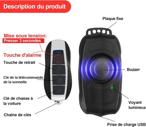 Alarme de vélo avec télécommande, Rechargeable par USB, étanche, Alarme antivol à Vibration avec détecteur de Mouvement, Alarme pour vélo, Scooter électrique et Moto, Son Super Fort 120dB – Image 3