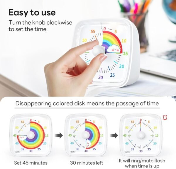 Yunbaoit Minuteur Visuel pour Enfants et Adultes‌, Minuteur à Décompte de 60 Minutes avec Fonction Flash Silencieuse, Motif Arc-en-Ciel, Timer Enfant pour Salle de Classe, Maison, Cuisine (Blanc) – Image 3