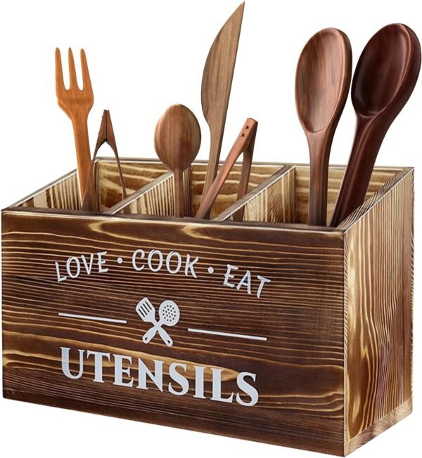 Lnopever Porte Ustensiles Cuisine, 3 Compartiments de Ustensiles de Cuisine Bois, Rangement Ustensiles Cuisine, Fourchettes et CuillèRes, Adapté à La Cuisine, Au Comptoir, à La Maison de Campagne