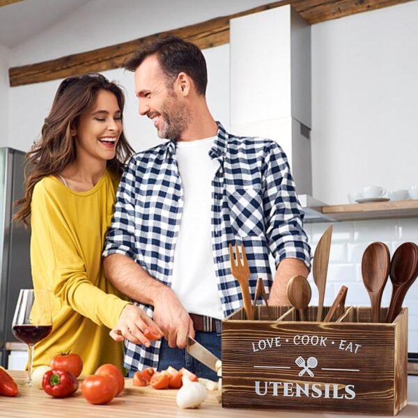 Lnopever Porte Ustensiles Cuisine, 3 Compartiments de Ustensiles de Cuisine Bois, Rangement Ustensiles Cuisine, Fourchettes et CuillèRes, Adapté à La Cuisine, Au Comptoir, à La Maison de Campagne – Image 6