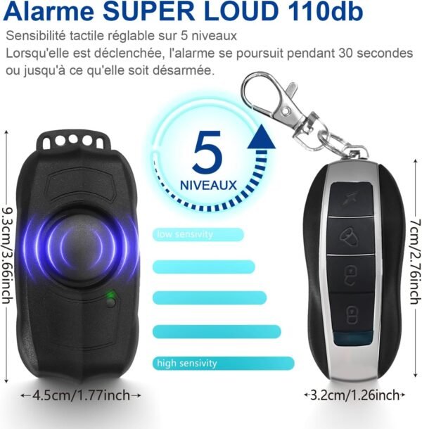 Alarme de vélo avec télécommande, Rechargeable par USB, étanche, Alarme antivol à Vibration avec détecteur de Mouvement, Alarme pour vélo, Scooter électrique et Moto, Son Super Fort 120dB – Image 2