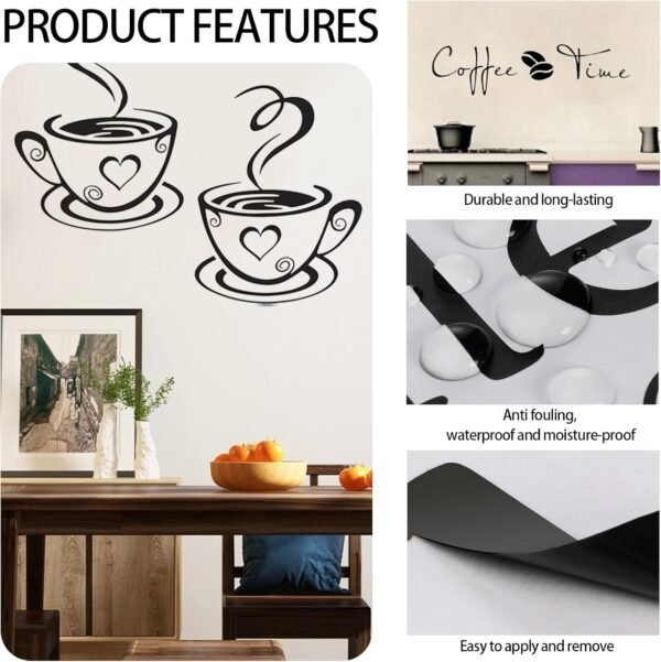 HANIUTTY Cuisine décor Autocollants Stickers, café Temps Tasses et Haricots peler et Coller Papier Peint, Tasse à Café Design Autocollants Mur Maison Stickers Cuisine Restaurant Décor – Image 4