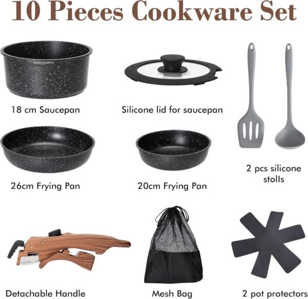 Kitchen Academy Lot de 10 Casseroles et Poêles, Poignée Amovibl, Couvercles en Verre et Revêtement en Marbre et Revêtement Anti-adhésif Compatible Induction Poignée Lisse et Veinée Noir – Image 6