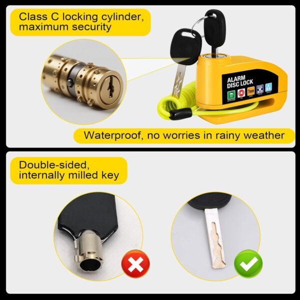 Vemfay Antivol Moto, Bloc Disque Alarme 110db, Antivol de Frein à Disque avec Câble de Rappel de 1,2m, Antivol de Haute Sécurité pour Moto, Vélo, Scooter, Trottinette Électrique – Image 6