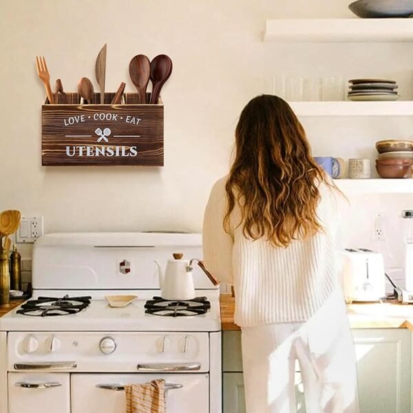 Lnopever Porte Ustensiles Cuisine, 3 Compartiments de Ustensiles de Cuisine Bois, Rangement Ustensiles Cuisine, Fourchettes et CuillèRes, Adapté à La Cuisine, Au Comptoir, à La Maison de Campagne – Image 7