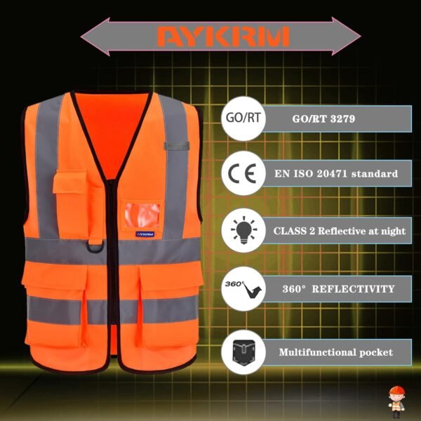 AYKRM Gilet haute visibilité Orange grande taille 6XL 7XL 8XL Gilet de sécurité homme Orange 6XL 7XL 8XL avec poche Devant avec des Bandes réfléchissantes Unisexe – Image 3