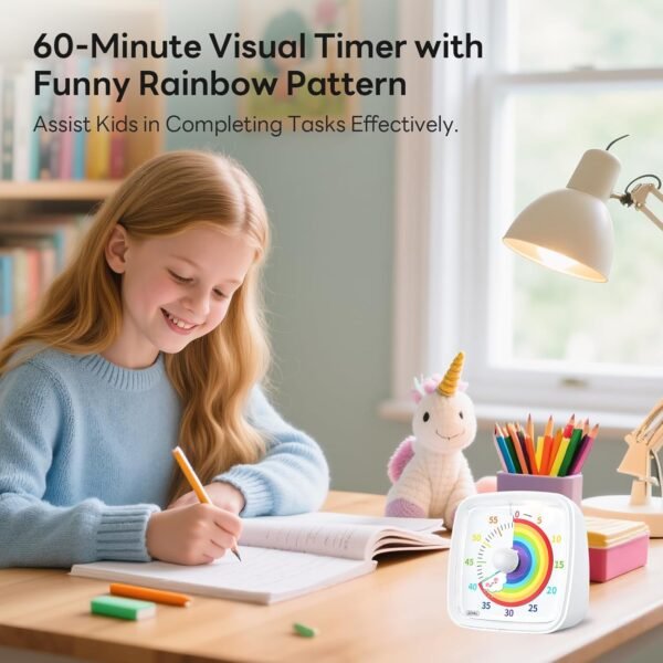 Yunbaoit Minuteur Visuel pour Enfants et Adultes‌, Minuteur à Décompte de 60 Minutes avec Fonction Flash Silencieuse, Motif Arc-en-Ciel, Timer Enfant pour Salle de Classe, Maison, Cuisine (Blanc) – Image 2
