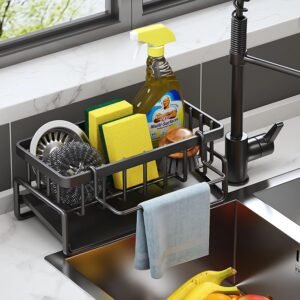 ViWaVee Rangement et Organisation de Cuisine, Organisateur d'évier en avec bac d'écoulement Automatique pour Porte Eponge, Porte Serviettes, Super Accessoires pour Salle-Noir.