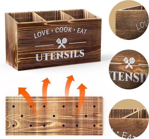 Lnopever Porte Ustensiles Cuisine, 3 Compartiments de Ustensiles de Cuisine Bois, Rangement Ustensiles Cuisine, Fourchettes et CuillèRes, Adapté à La Cuisine, Au Comptoir, à La Maison de Campagne – Image 2