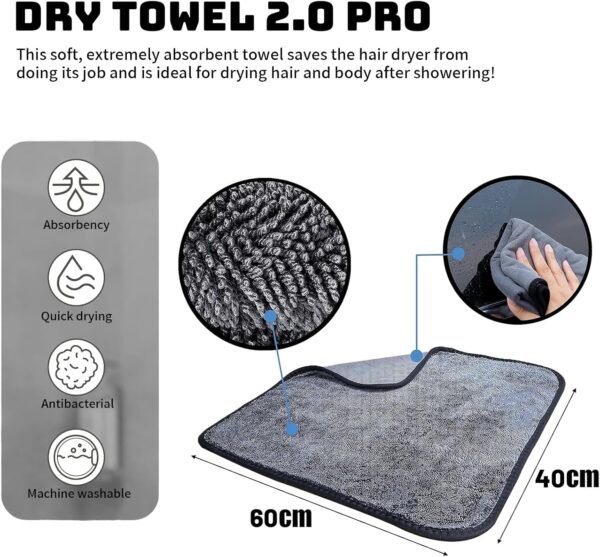 Yeria 3 Pièces Chiffon Magique pour Douche, Chiffon en Extra Absorbant pour la Maison, Chiffon de Nettoyage Réutilisable en Microfibre sans Traces pour Verre Voiture Maison Cuisine Salle de Bain – Image 2
