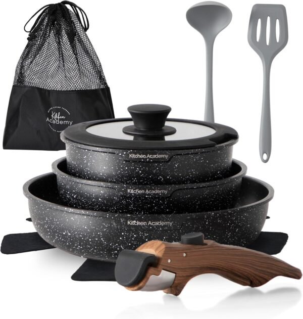 Kitchen Academy Lot de 10 Casseroles et Poêles, Poignée Amovibl, Couvercles en Verre et Revêtement en Marbre et Revêtement Anti-adhésif Compatible Induction Poignée Lisse et Veinée Noir