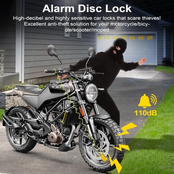 Vemfay Antivol Moto, Bloc Disque Alarme 110db, Antivol de Frein à Disque avec Câble de Rappel de 1,2m, Antivol de Haute Sécurité pour Moto, Vélo, Scooter, Trottinette Électrique – Image 2