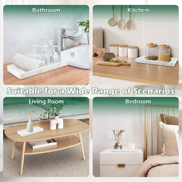 NVIYAM 2PCS Plateau Salle de Bain, Plateau Marbre Blanc, Plateau Décoratif Rectangulaire en Résine, Plateau Serviette Salle de Bain, Plateau de Toilette pour Tissus Savon Serviette Plante – Image 7
