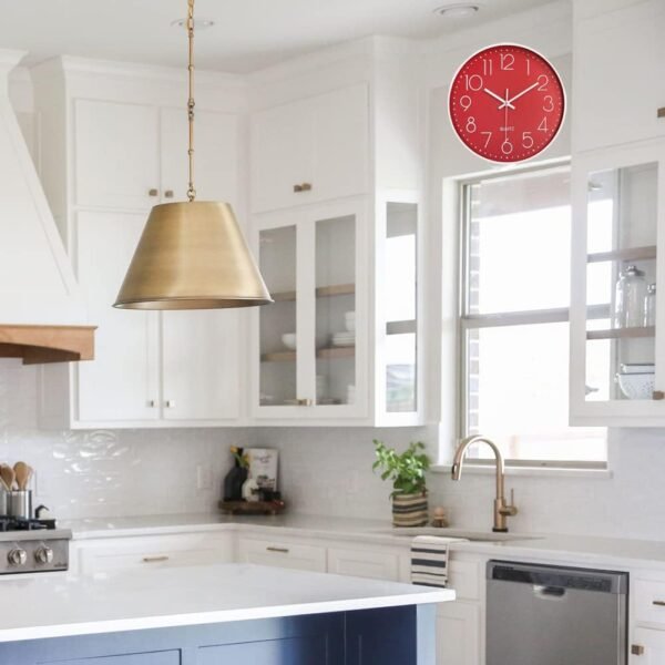 Horloge Murale silencieuse 12 dans Horloge de Cuisine Quartz à Piles Moderne décor à la Maison Horloge Bureau Classe Salon Chambres (Rouge) – Image 5