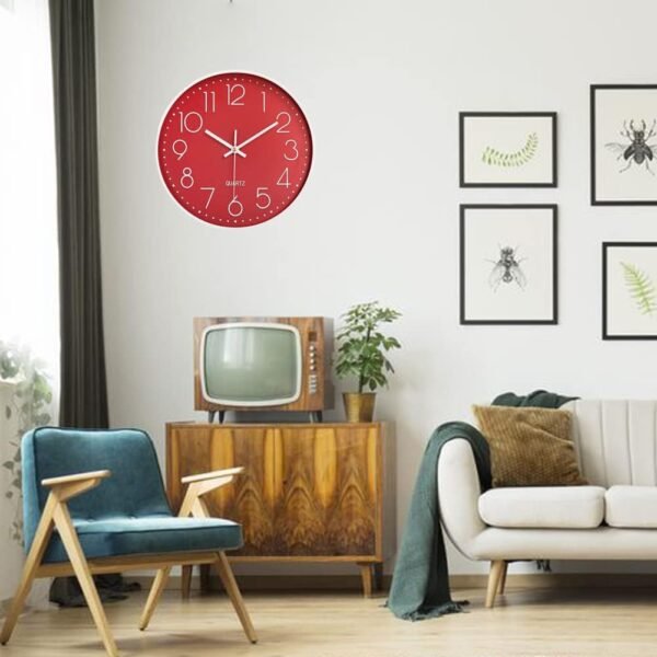 Horloge Murale silencieuse 12 dans Horloge de Cuisine Quartz à Piles Moderne décor à la Maison Horloge Bureau Classe Salon Chambres (Rouge) – Image 4