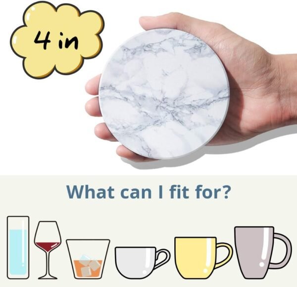 LIFVER Dessous de Verre, Lot de 6 sous Verre avec Support, Absorbants Coaster en Céramique Antidérapants pour la Maison, Le Café et Les Bars - Dessous de Verre à Motif de Marbre Blanc – Image 2