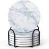 LIFVER Dessous de Verre, Lot de 6 sous Verre avec Support, Absorbants Coaster en Céramique Antidérapants pour la Maison, Le Café et Les Bars - Dessous de Verre à Motif de Marbre Blanc
