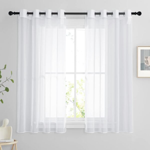 PONY DANCE Rideau Voilage - Rideaux Cuisine Transparent Lot de 2 Rideau Court 140 x 137 cm Décoration de Maison Chambre, Organza Tulle avec Oeillets Fenetre Lumineux Filtrer, Blanc, 2 PCs