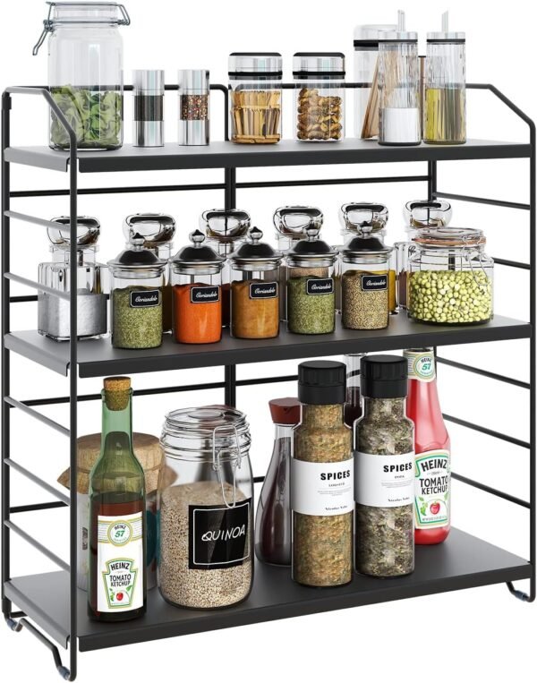 AIRUJIA Étagère à Épices sur pied à 3 Niveaux, Porte-Épices, Support Amovible pour Bouteilles de Bocaux et Support de Séparation Réglable en Hauteur pour la Maison, la cuisine