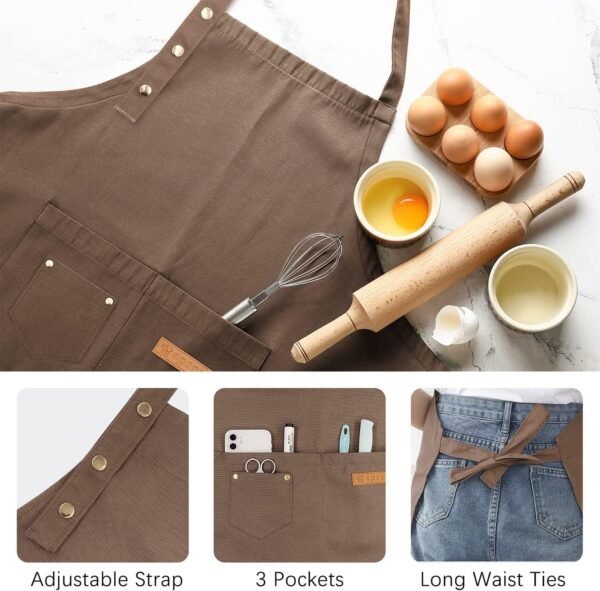 WENYA Lot de 2 tabliers de cuisine unisexes réglables avec poches, tablier en toile imperméable pour la maison, la cuisine, le restaurant, le café – Image 3