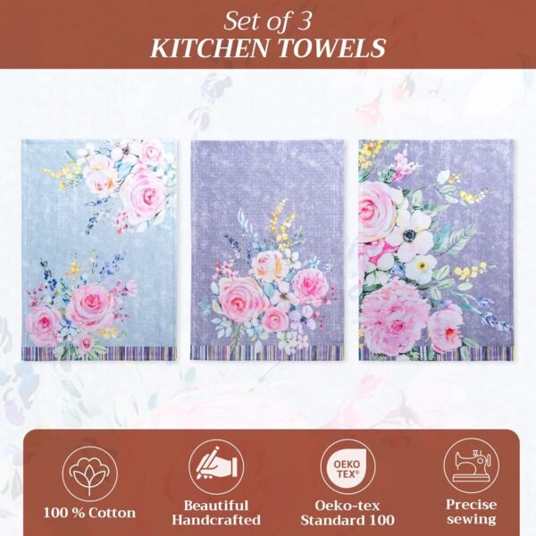 Maison d' Hermine Sweet Rose Lavande Lush Lavande Lot de 3 torchons de Cuisine Multi-usages 100% Coton | Serviettes de Bar | Printemps/Été (50 cm x 70 cm) – Image 2
