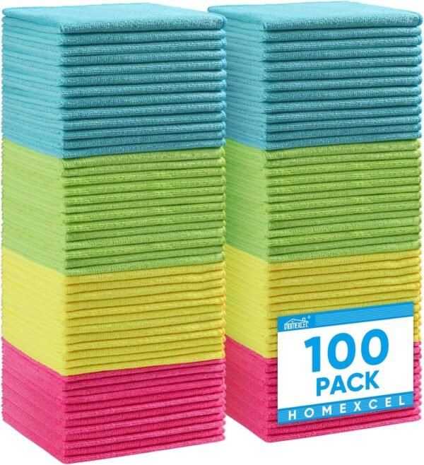 HOMEXCEL Chiffons en Microfibre 100 pièces, Chiffon de Nettoyage en Microfibre Chiffon de Nettoyage de vitres Chiffon à Vaisselle en Microfibre pour Voiture, Cuisine, Maison 30,5 x 30,5 cm